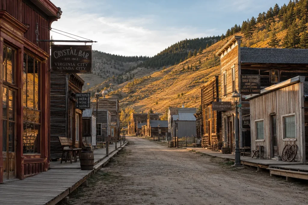 View down Wallace Street in Virginia City Montana with original 1860s wooden buildings and boardwalks