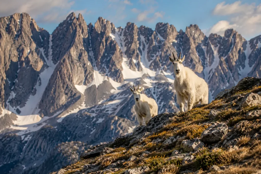Mountain goats on a rocky ridge in the Crazy Mountains