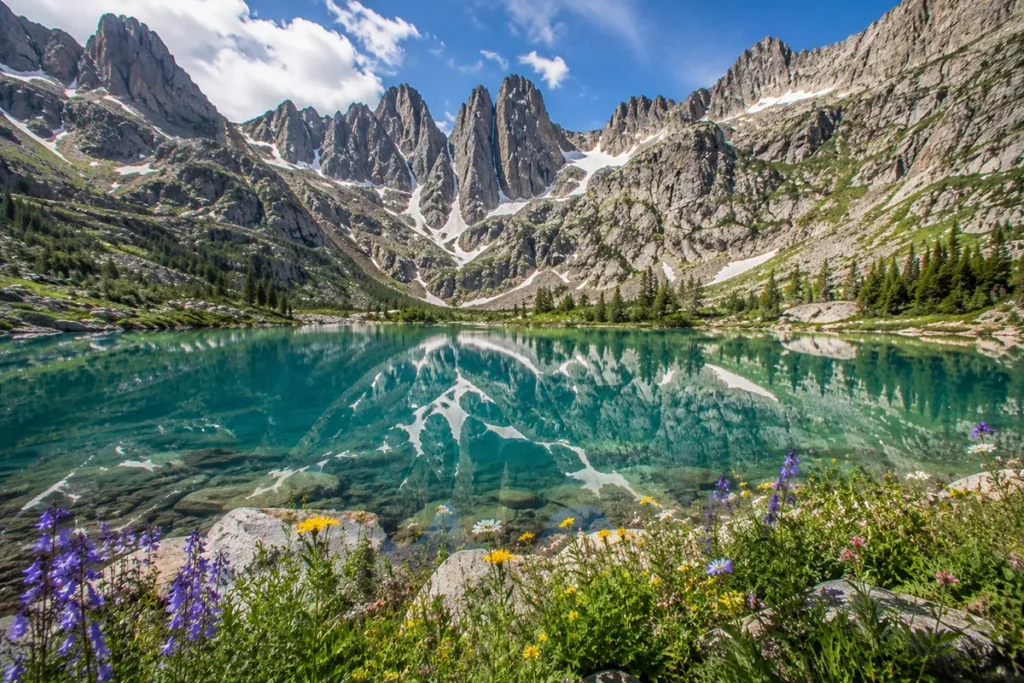 Alpine lake reflecting jagged peaks in the Mission Mountains Wilderness