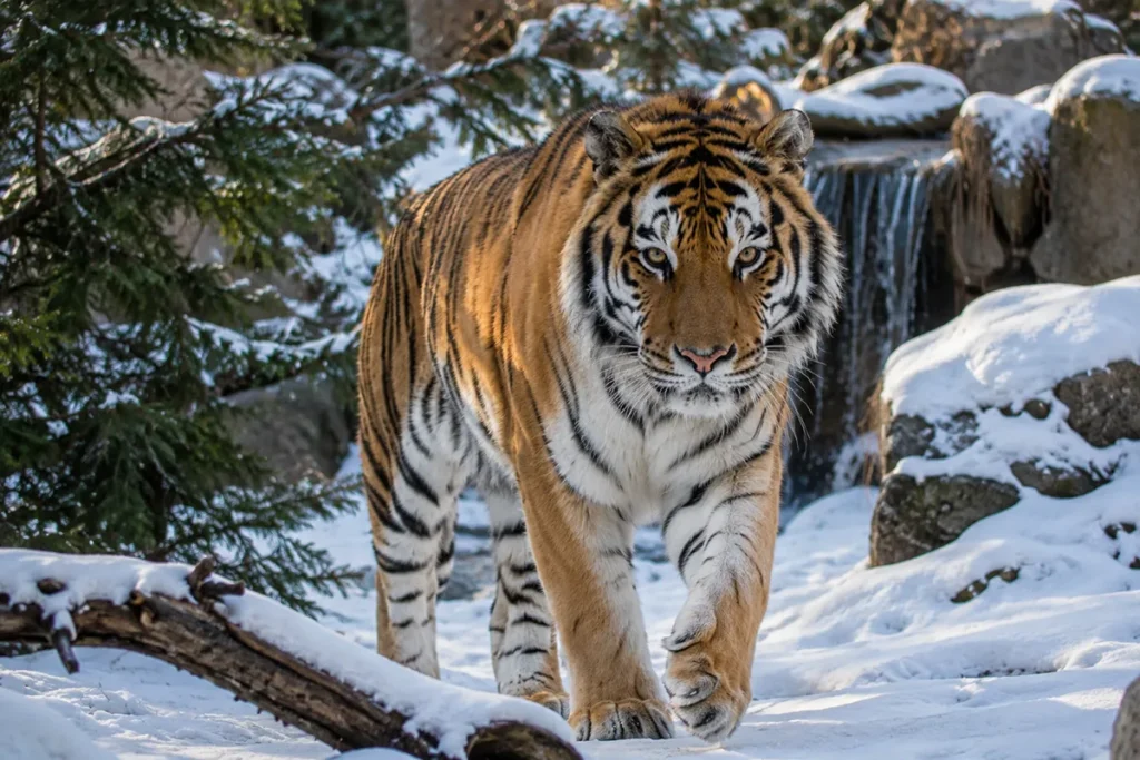 Amur tigers Dahlia and Sydney at ZooMontana Billings Montana in their naturalistic habitat enclosure