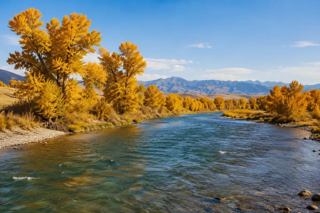 Bighorn River flowing through Big Horn County Montana with cottonwood trees along the banks