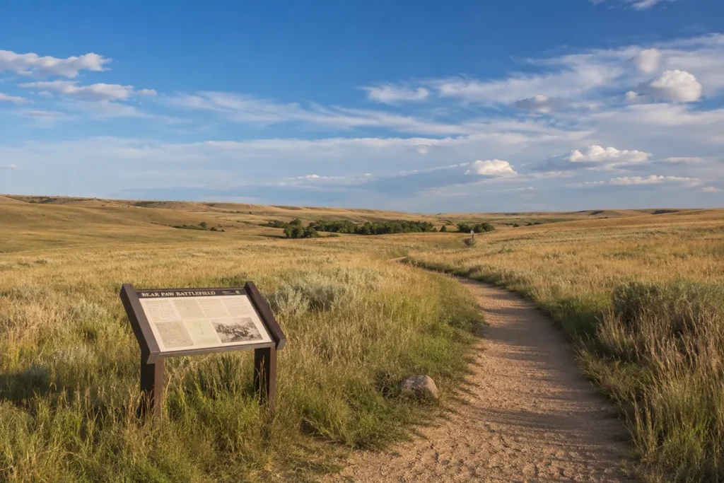 Interpretive trail at Bear Paw Battlefield in Blaine County Montana with markers across prairie