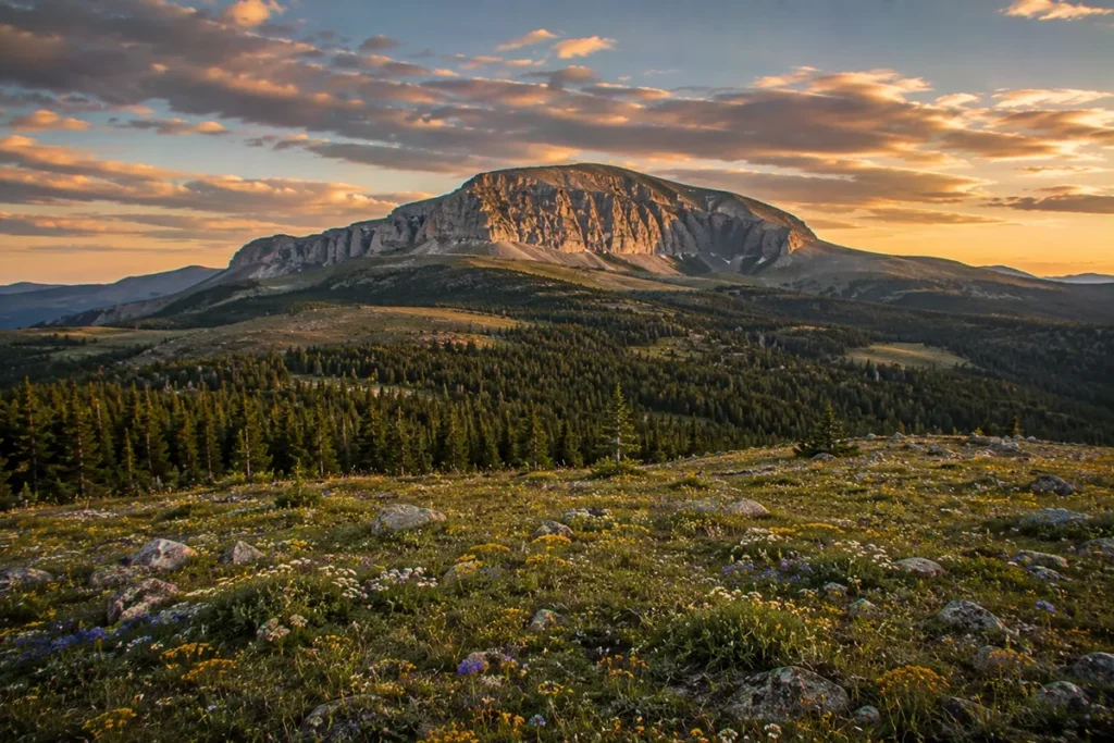 Big Baldy Mountain rising above conifer forest in central Montana's Little Belt Mountains