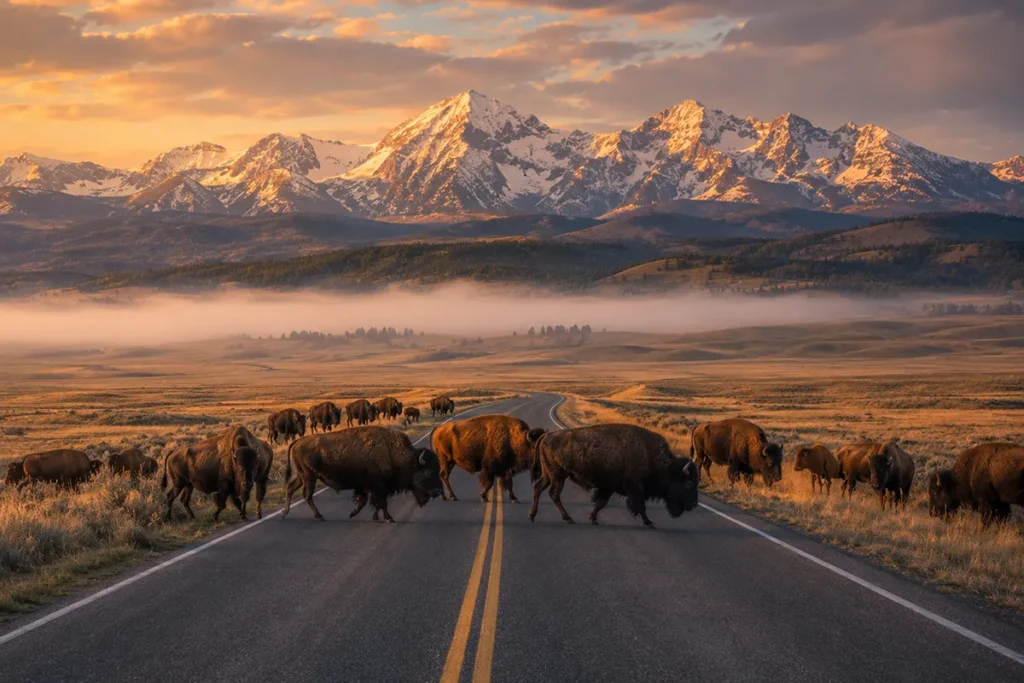 Herd of bison crossing a road in Lamar Valley with snow-capped Absaroka Range in the background at sunrise