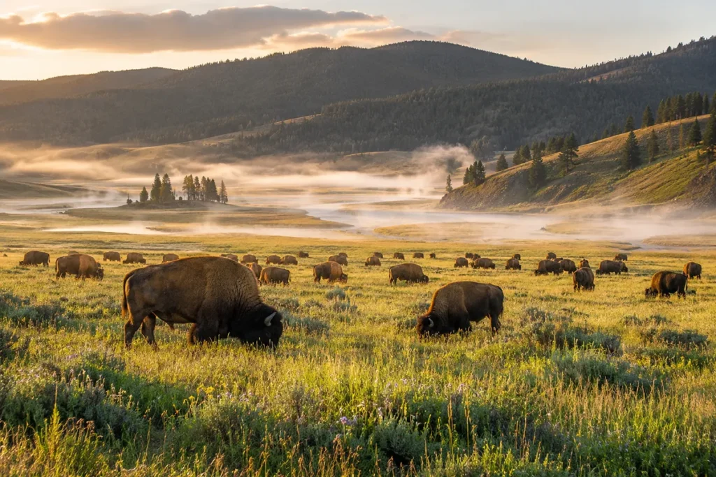 Bison grazing in Lamar Valley, Yellowstone National Park, Montana, with morning mist rising from the valley floor