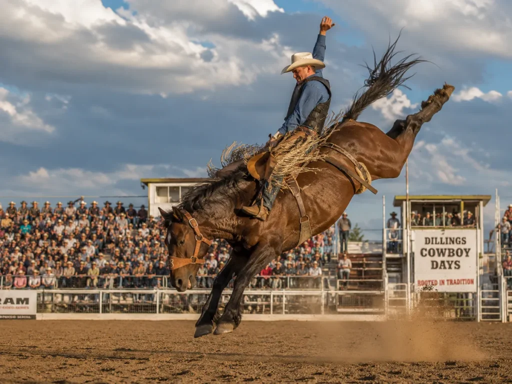 Cowboy and bucking horse in mid-air at the Miles City Bucking Horse Sale arena with crowd in the stands