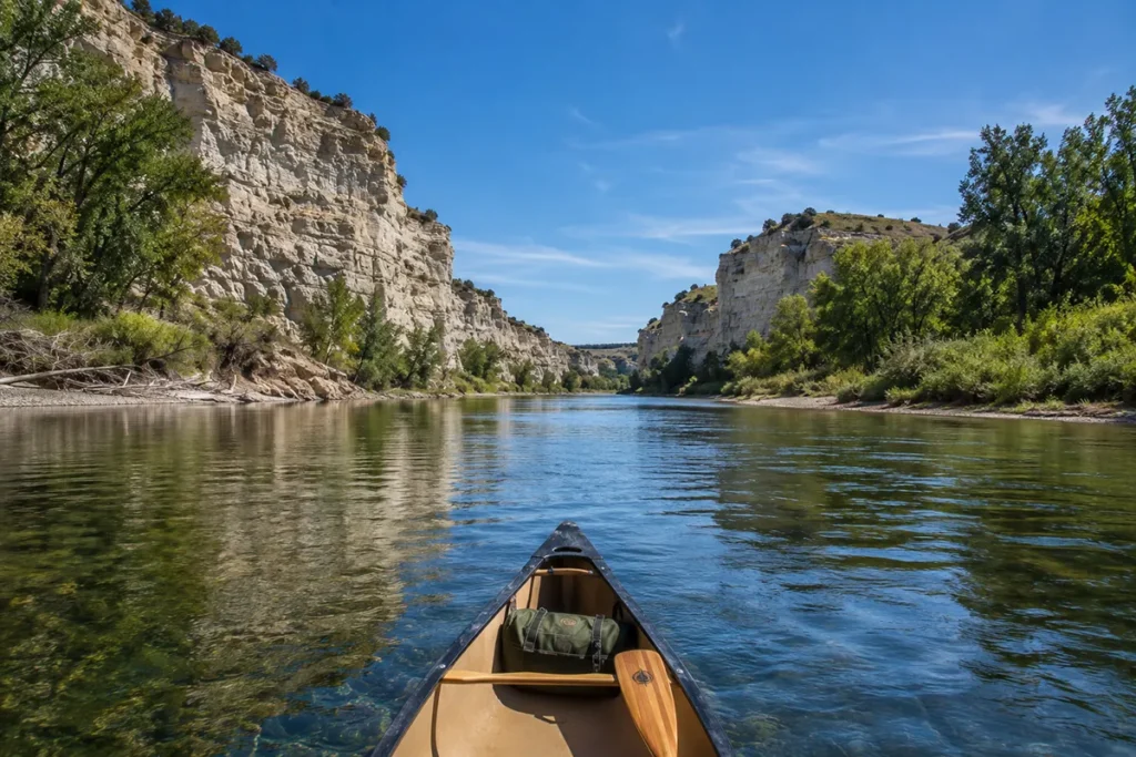 Canoe on the Wild and Scenic Upper Missouri River with White Cliffs formations in Chouteau County Montana