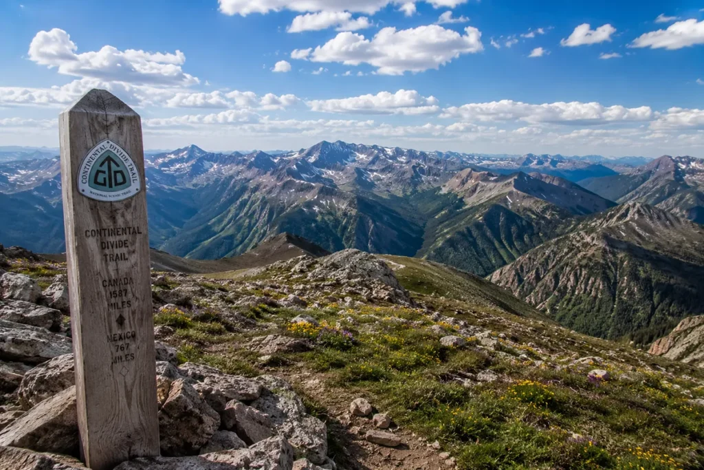 Continental Divide trail marker on a high ridge in the Montana Rocky Mountains