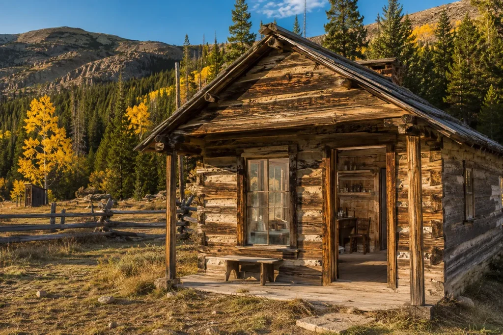 Weathered wooden cabin at Garnet Ghost Town with mountains in background