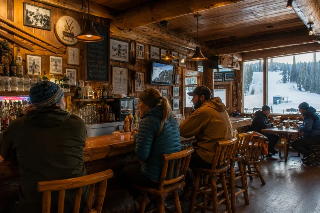 The Thunder Bar at Maverick Mountain base lodge with wooden interior wooden bar stools and patrons enjoying lunch and drinks with snow visible through the windows