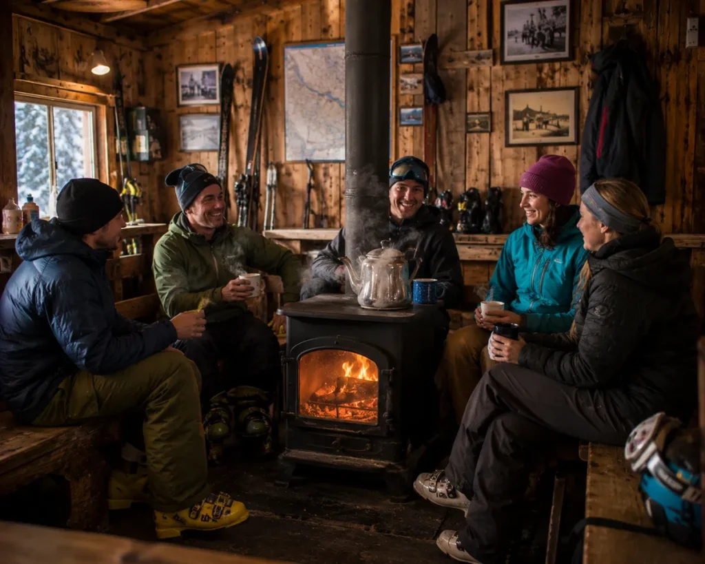 A small group of skiers gathered around the wood stove inside the Lost Trail base lodge with steam rising from coffee mugs and ski gear leaning against the walls