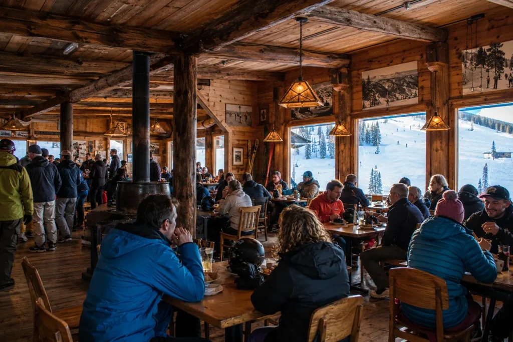 The base lodge and bar at Teton Pass Ski Area with patrons enjoying après-ski food and drinks at wooden tables with views of the mountain through large windows