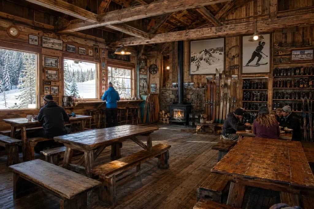 The interior of the Showdown Montana base lodge with wooden walls historic photos and racks of ski equipment showing the timeless authentic character of the building