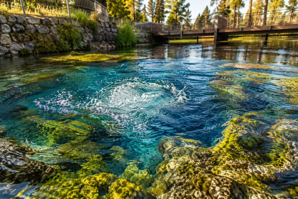 Crystal-clear water bubbling up from Giant Springs in Great Falls, Montana, with mossy rocks and aquatic vegetation visible below the surface