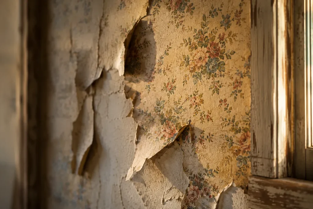 Detail of peeling original wallpaper inside a second-floor room of the Hotel Meade at Bannack