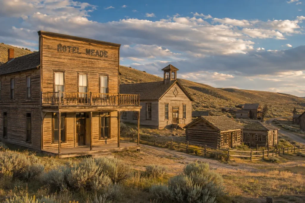 Historic wooden buildings of Bannack State Park ghost town in Montana, preserved from the 1860s gold rush era, with mountains in the background