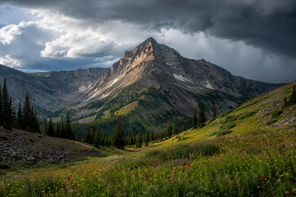 Electric Peak in the Gallatin Range Montana with stormy summer sky