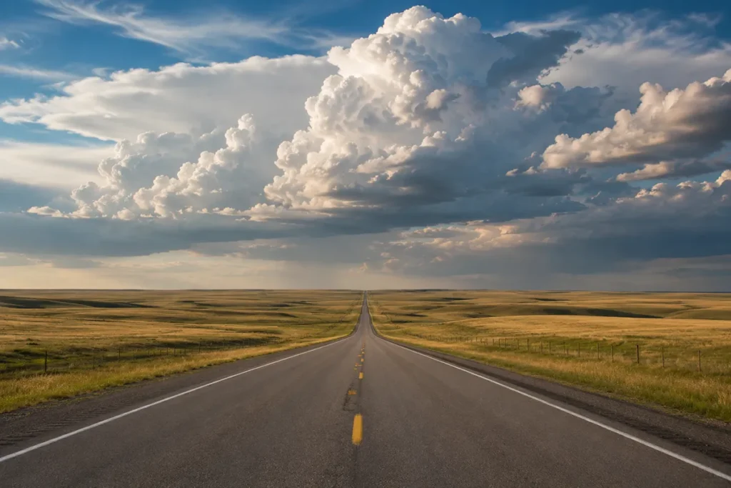 Montana road stretching to horizon through open plains in eastern Montana county
