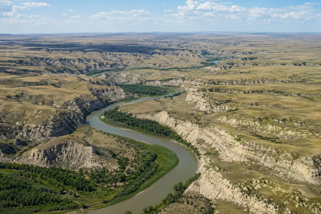 Missouri River Breaks in Phillips County Montana showing eroded badlands and river corridor