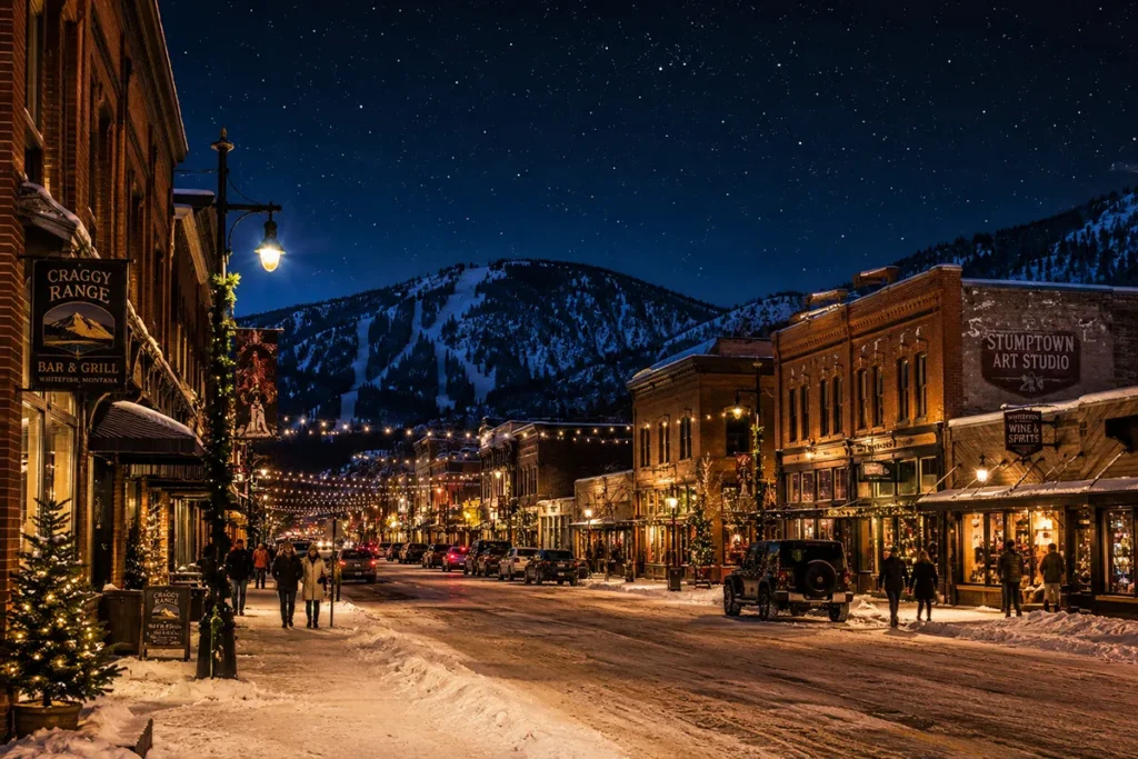 View from downtown Whitefish Montana of Central Avenue at night during ski season with snow on the historic storefronts and warm lights spilling out of restaurants