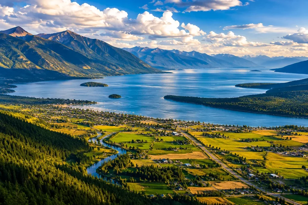 Flathead Valley aerial view showing Flathead Lake and surrounding mountains in Flathead County Montana