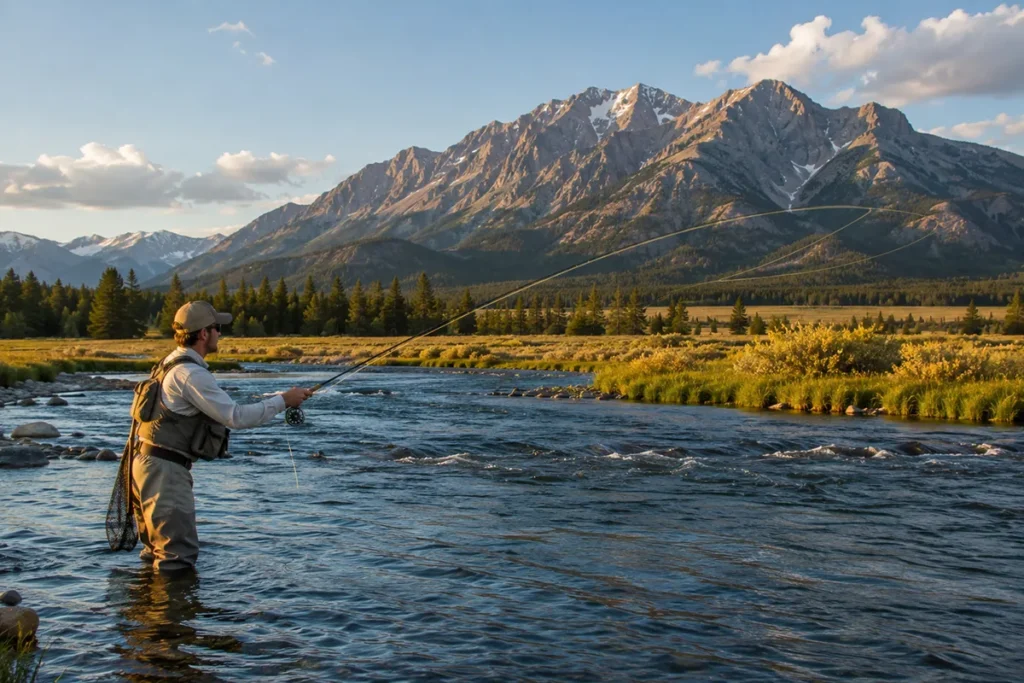 Fly fisher casting on the Madison River with the Madison Range in the background