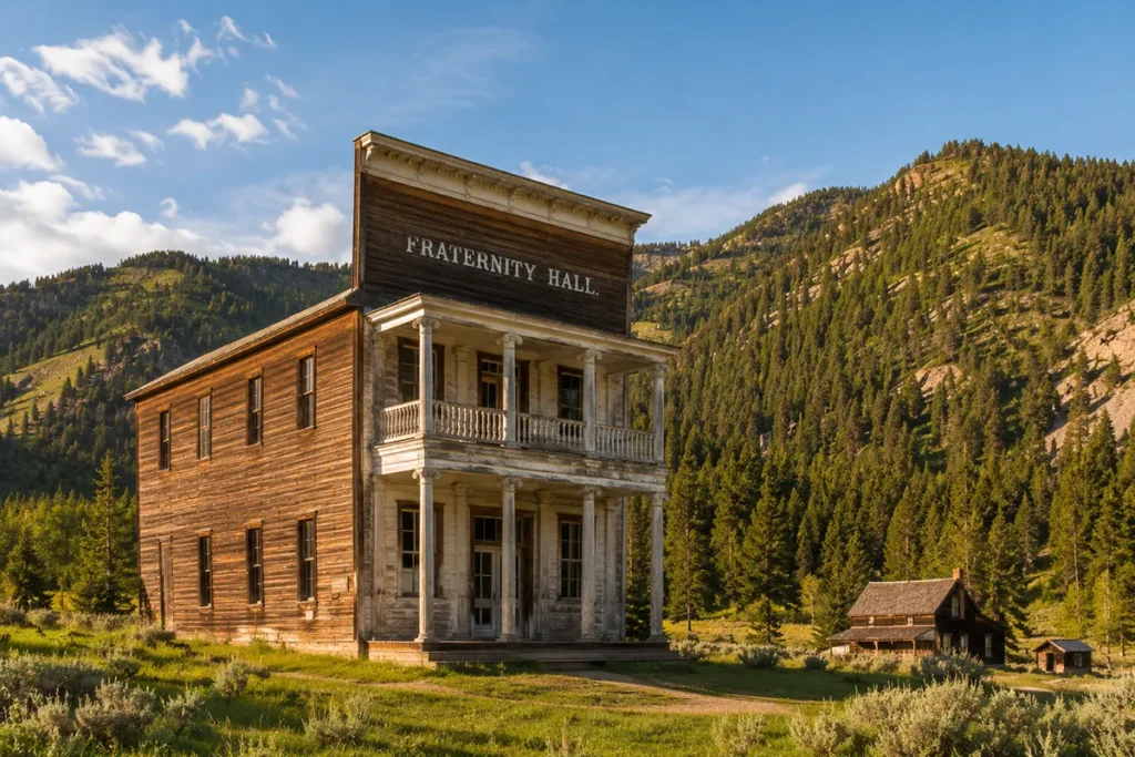 Fraternity Hall at Elkhorn Ghost Town Montana — a white wooden Greek Revival building with neo-classical balcony