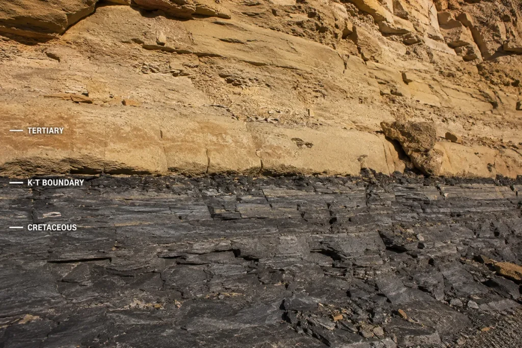 K-T boundary line visible in exposed rock layers at Makoshika State Park in Dawson County Montana