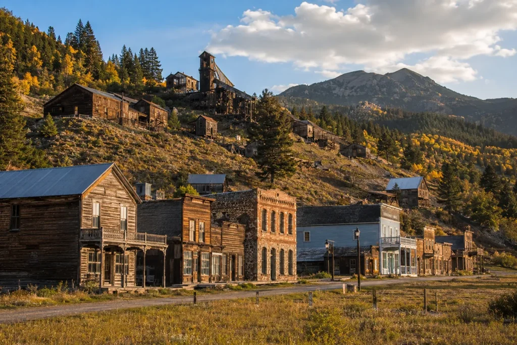 Wide view of Marysville Montana with original 1880s mining-town buildings and the Drumlummon Mine area on the hillside above