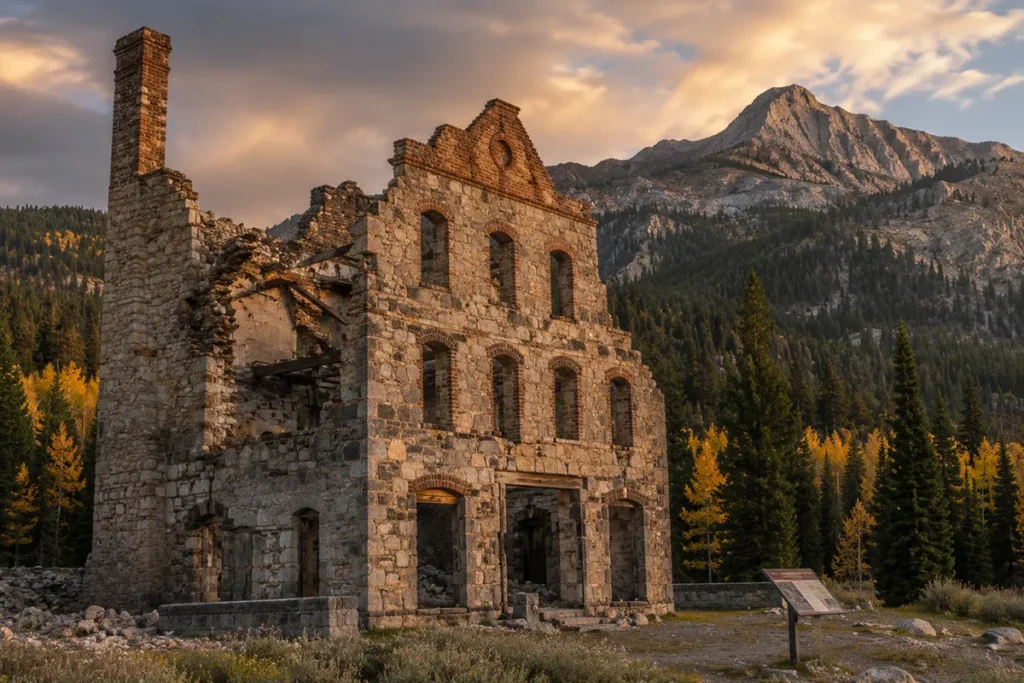 Dramatic stone ruins of the Miners' Union Hall at Granite Ghost Town State Park with mountain backdrop