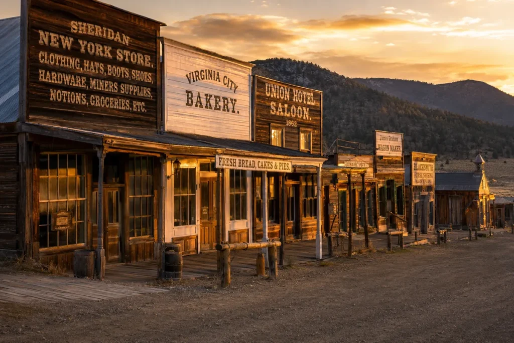 Historic main street of Virginia City Montana at golden hour with restored 1860s wooden storefronts