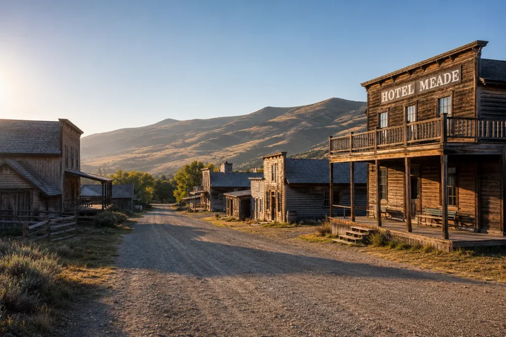 Wide view of Main Street at Bannack ghost town with Hotel Meade on the right and weathered wooden buildings lining a dirt road