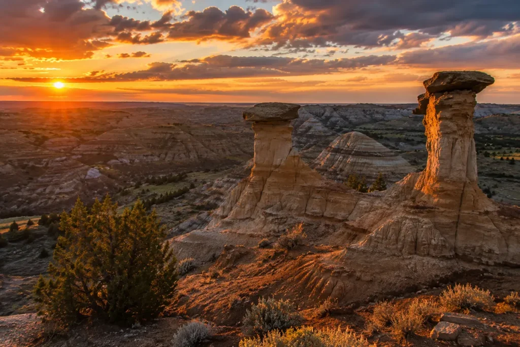 Dramatic badlands formations at Makoshika State Park near Glendive, Montana, with eroded sandstone hoodoos and cap rocks at sunset