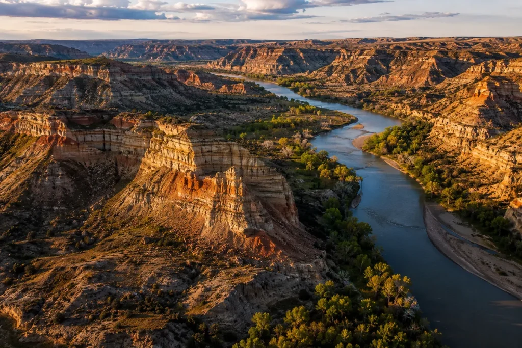 Aerial view of the Missouri River winding through dramatic badland cliffs in the Missouri Breaks National Monument