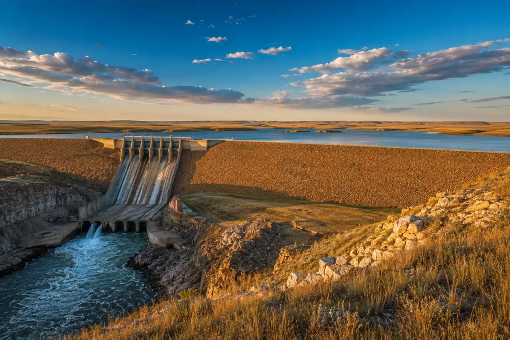 Massive Fort Peck Dam spillway with the Missouri River flowing far below and prairie stretching to the horizon