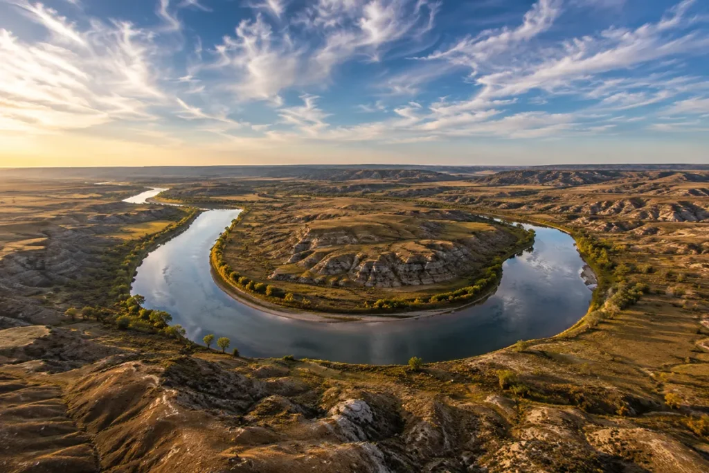 Wide bend of the Missouri River cutting through a remote prairie landscape in northeast Montana