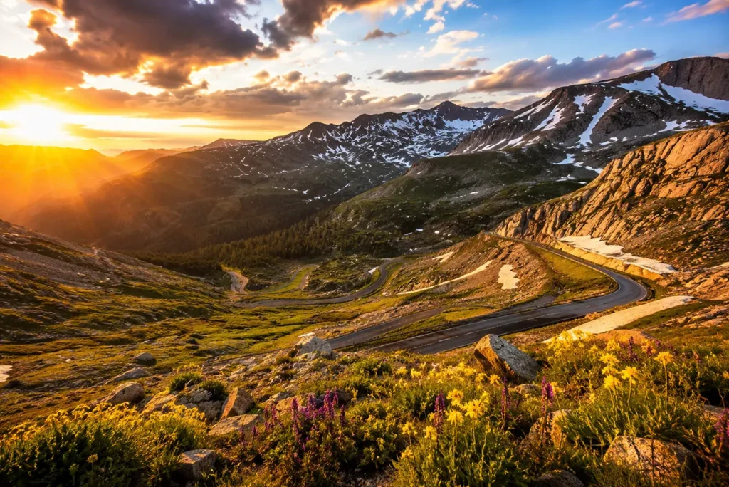 Beartooth Highway winding through Carbon County Montana with snow-capped peaks