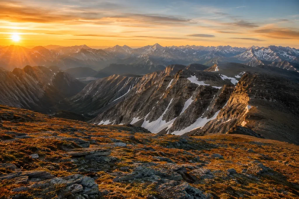 Aerial view of multiple Montana mountain ranges with snow-capped peaks at sunrise
