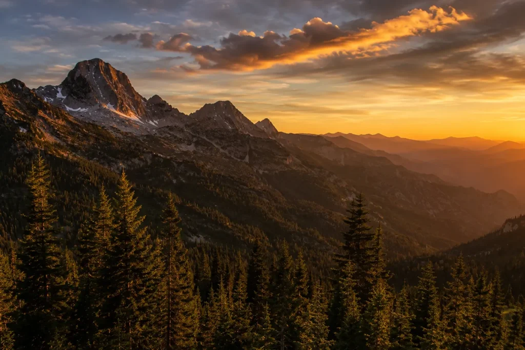 The Northern Rocky Mountains stretching across western Montana at sunset