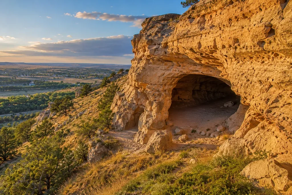 Sandstone cliff face at Pictograph Cave State Park near Billings, Montana, showing the cave entrance and surrounding rock formations
