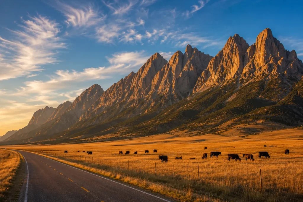 Rocky Mountain Front rising abruptly from golden Montana prairie at sunset with no buildings visible