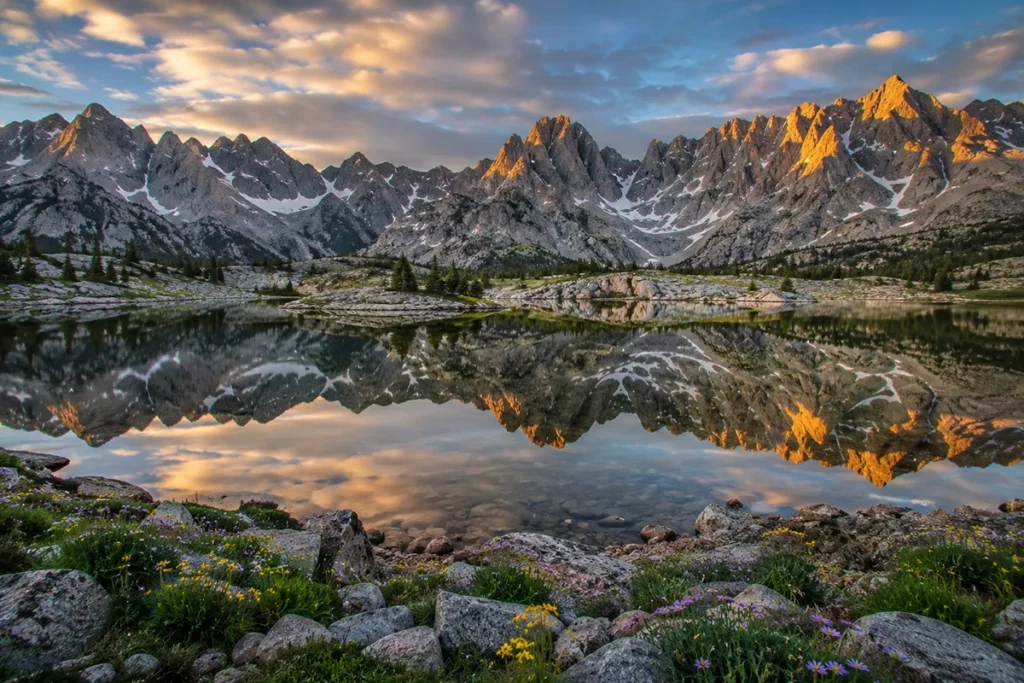 Alpine lake in the Crazy Mountains with jagged peaks reflected in the water