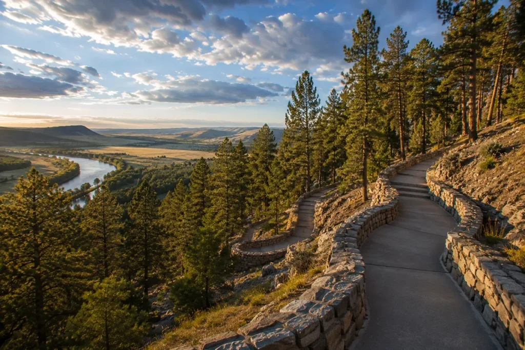 The paved hiking trail leading from the visitor center up to the cave entrance at Lewis and Clark Caverns State Park, Montana, with ponderosa pines and mountain views
