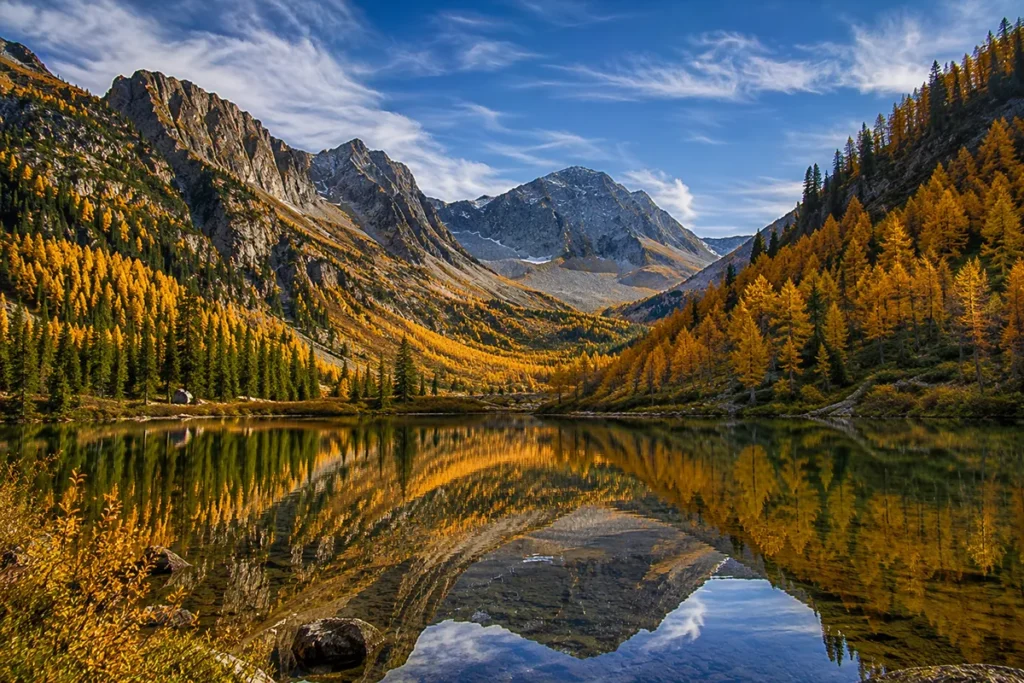 Golden western larch trees lit up in fall color in the North Fork of Glacier National Park