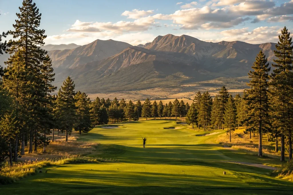 Golfer on the Fairmont Hot Springs golf course with mountain backdrop and clear blue sky