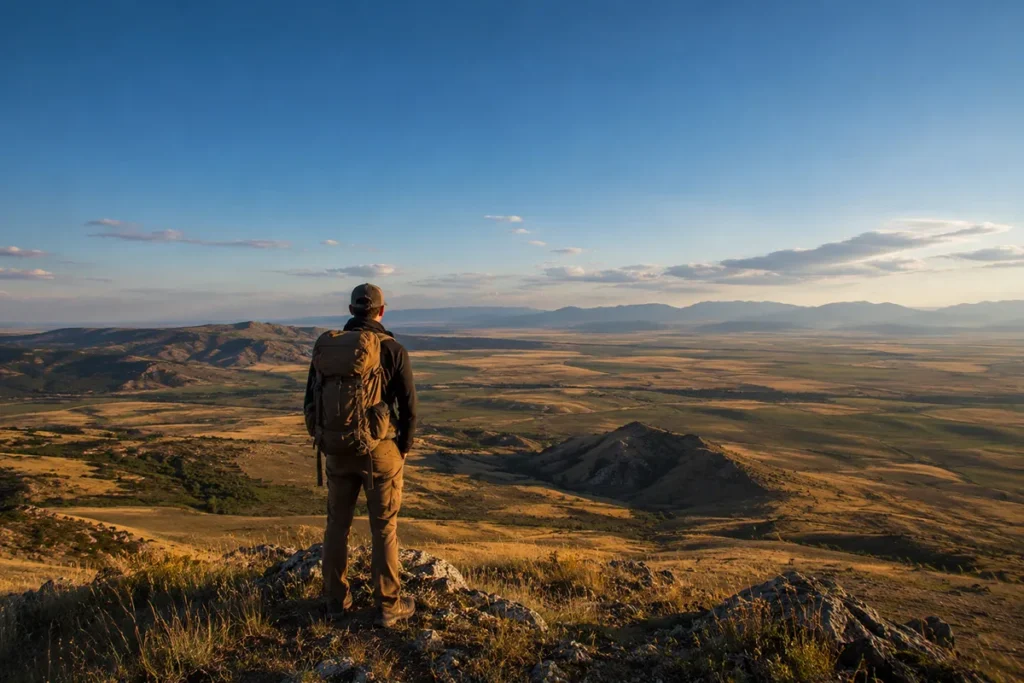 Robert Hayes hiking in a remote Montana county with mountains and open sky