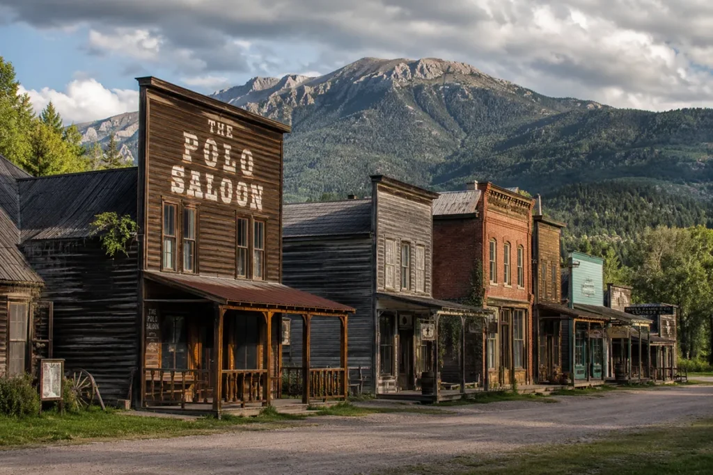 Historic buildings in the mining town of Pony, Montana at the foot of the Tobacco Root Mountains
