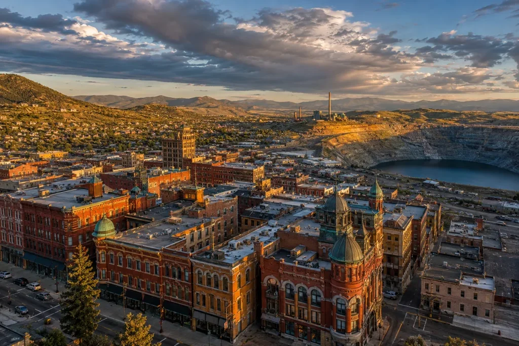 Aerial view of downtown Butte Montana showing the Victorian-era brick buildings and the Anaconda Smelter Stack on the horizon