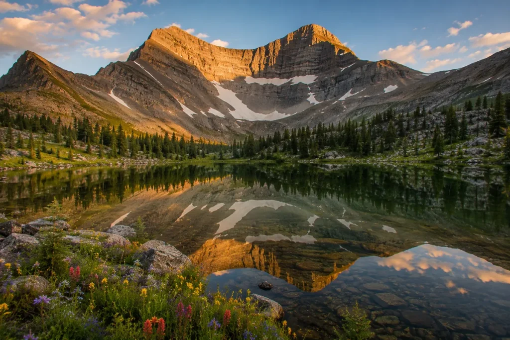 Hollowtop Mountain rising above alpine lakes in the Tobacco Root Mountains of Montana