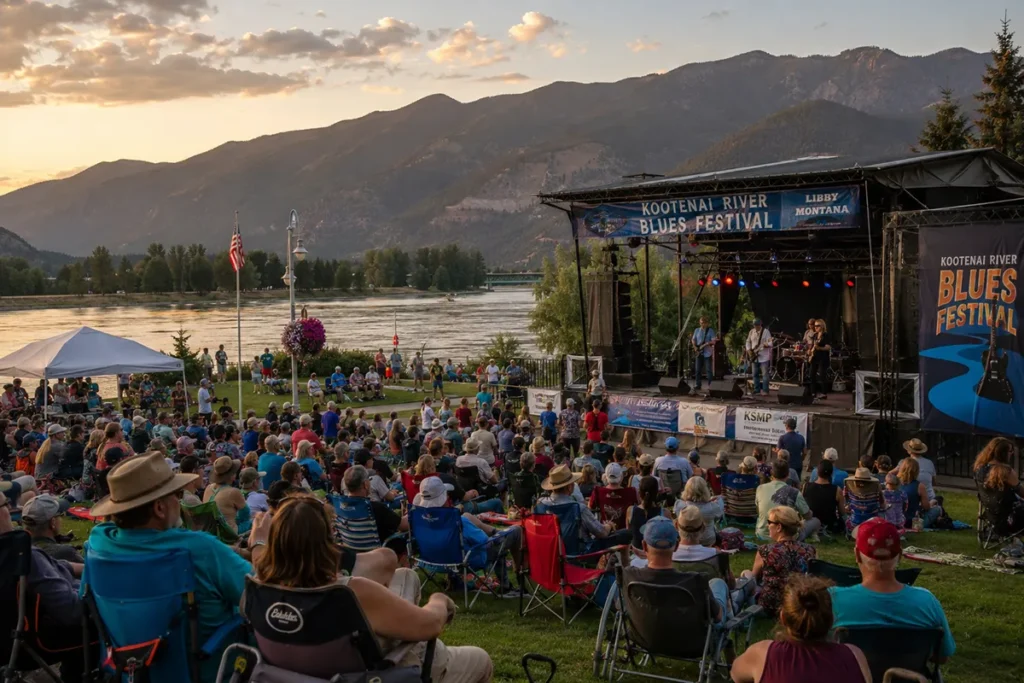 Riverfront Blues Festival at Riverfront Park in Libby Montana along the Kootenai River with performers on stage and audience
